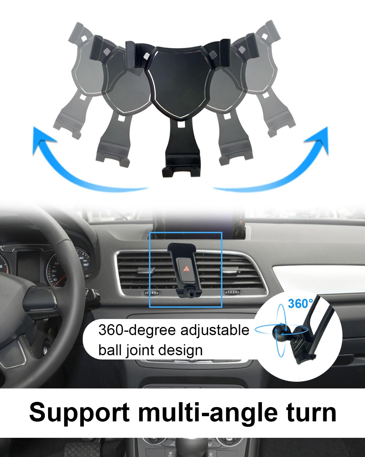 Supporto per telefono compatibile con Audi Q3 2013-2018, gravity blocco stabile a mani libere porta telefono 360 gradi per iPhone 17/16/15/14 per Galaxy S25 S24