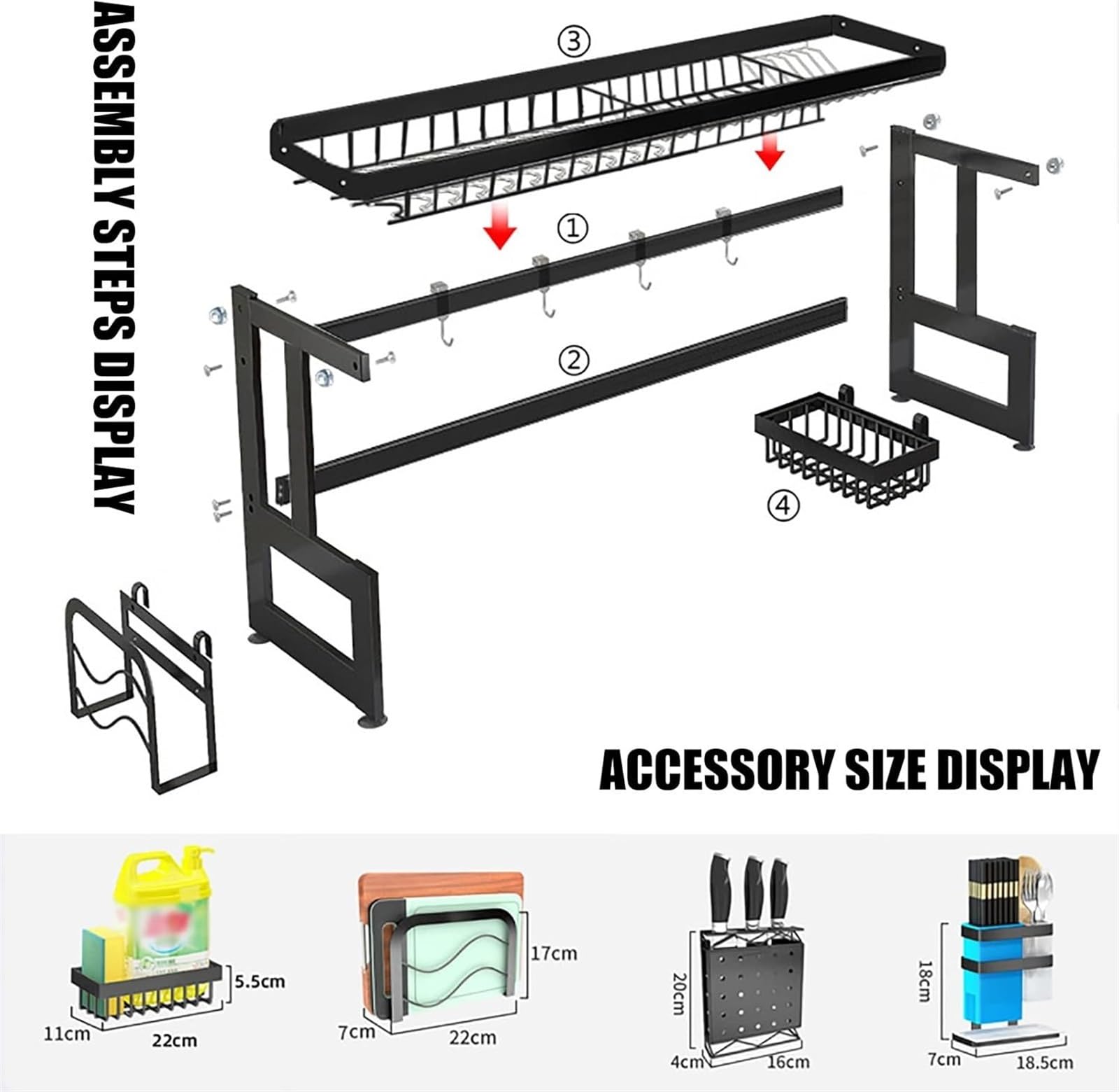 Escurridor de Platos de Acero Inoxidable para Colocar sobre el Fregadero, con Soporte para Utensilios y Fregadero, Color Negro, 74 cm - Ahorra Espacio, Duradero, diseño Moderno par