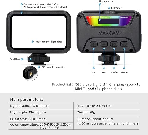 Miniatura 7 de MAXCAM Kit de accesorios de luz de video RGB colorida en la cámara, incluye luz RGB + clip para teléfono + trípode, 0-360 grados a todo color, 2500
