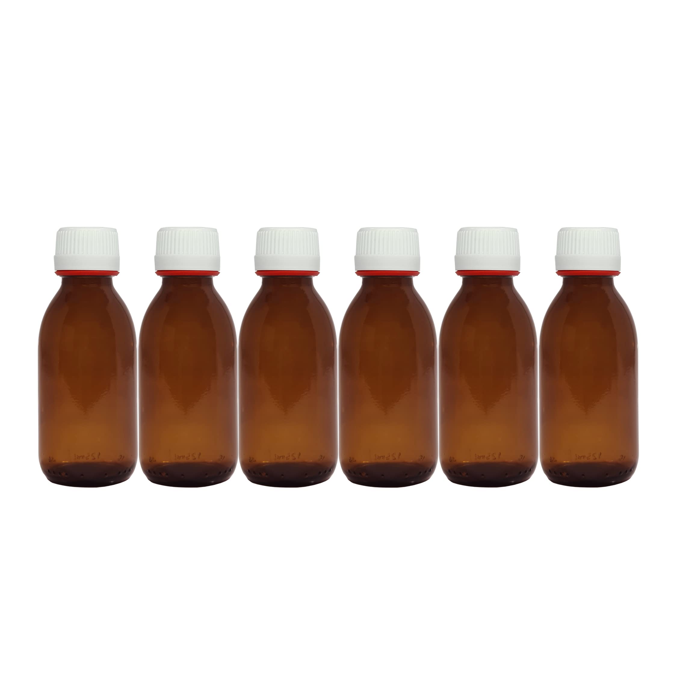 Botella de vidrio ámbar 125 ml con tapón a rosca y precinto - 6 unidades