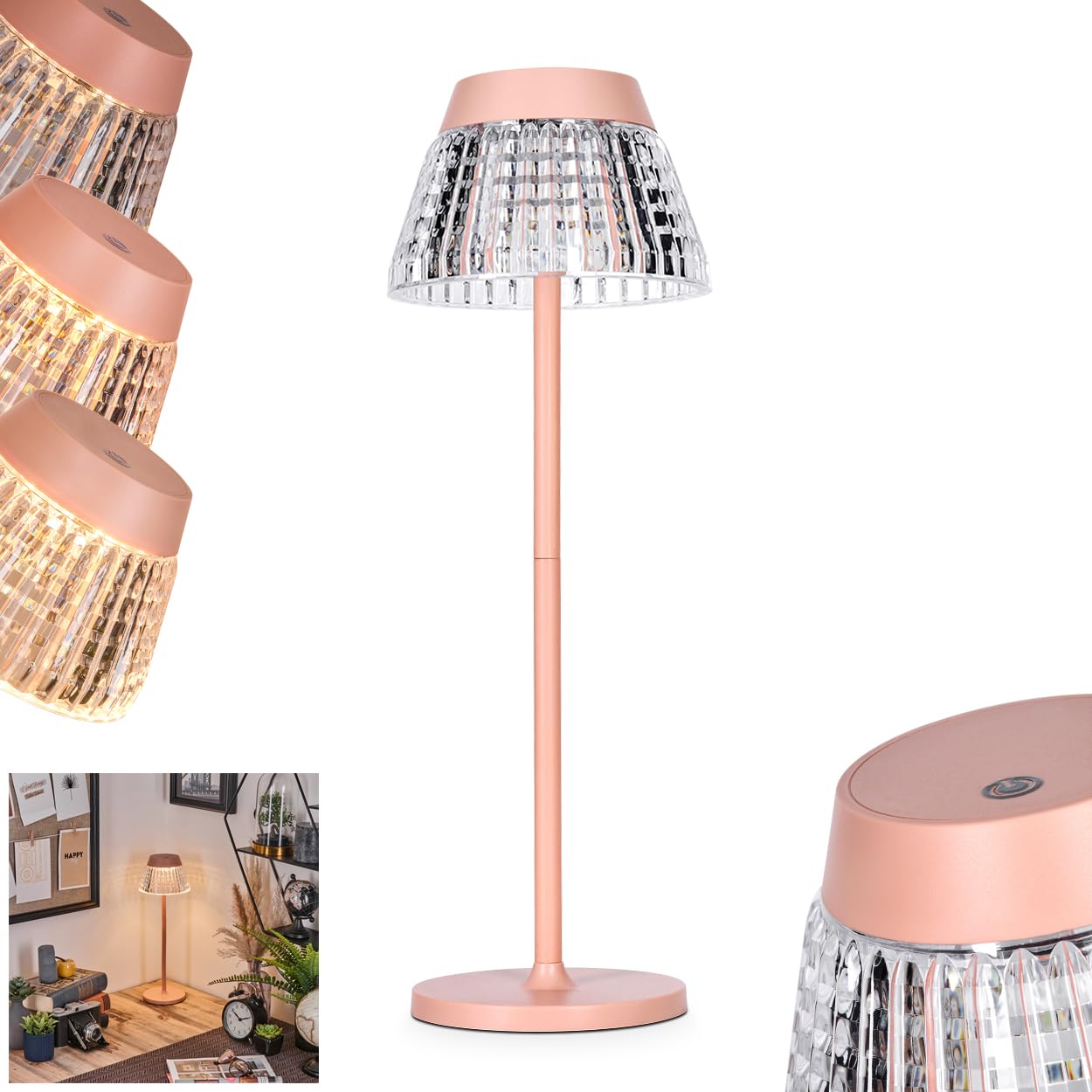 HOFSTEIN Lampe de table LED Macos, à intensité variable en métal/plastique rose/transparent, réglable avec variateur tactile, hauteur 38 cm, 1 watt, 100 lumens, salon, chambre à coucher, bureau