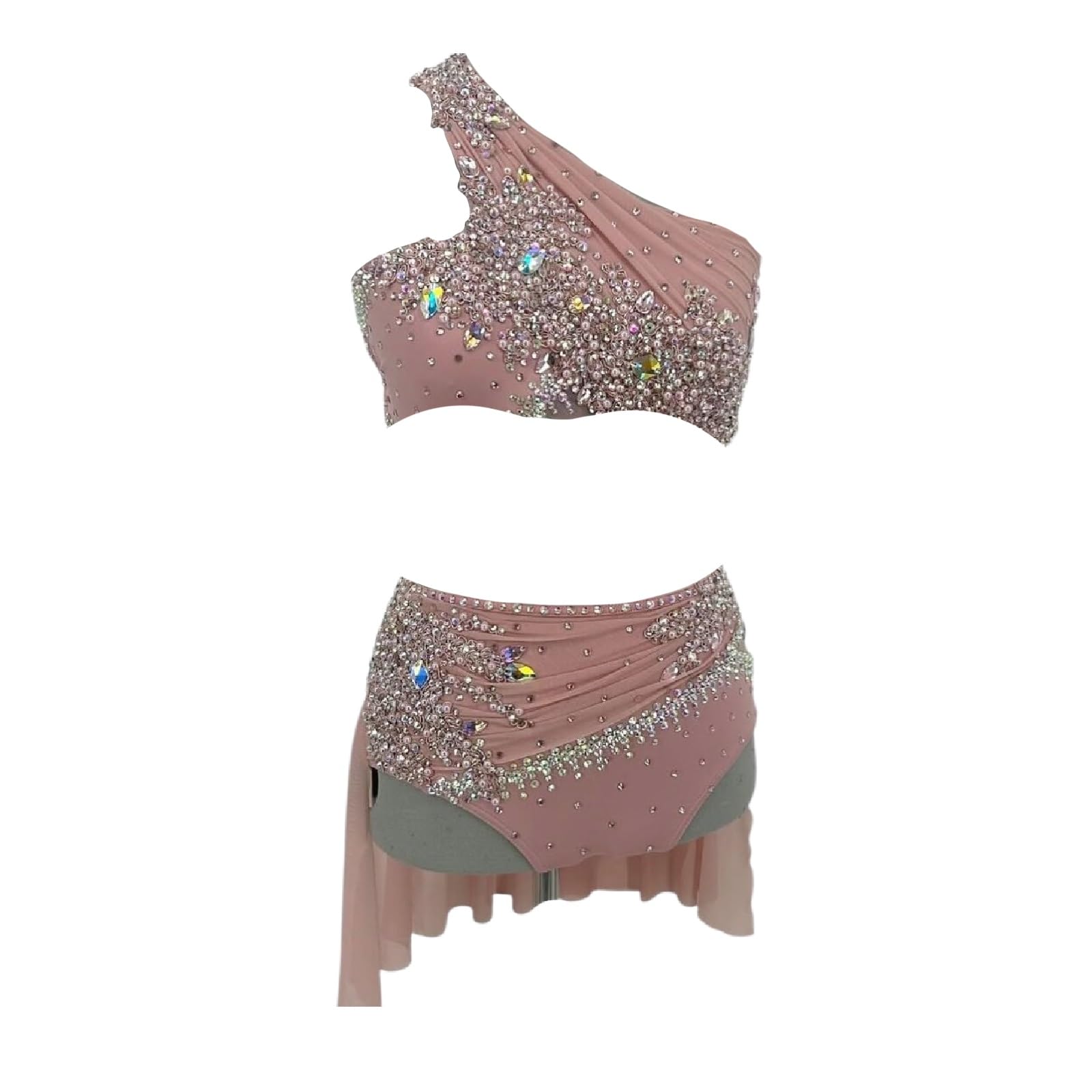 Lyrisches Tanzkostüm For Damen, One-Shoulder-Crop-Top, Strass-Rock For Zeitgenössischen Tanz, 2-teiliges Set