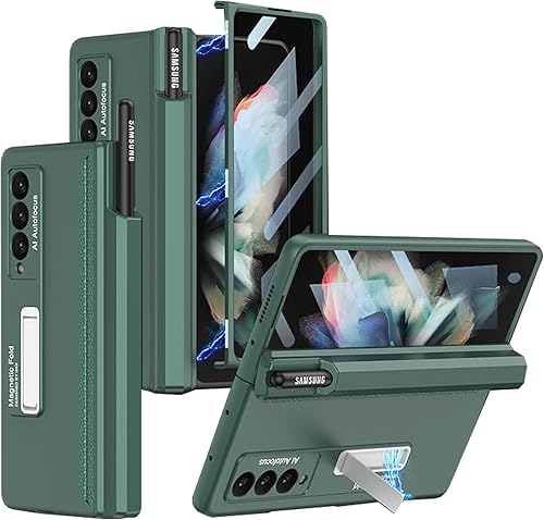 Miimall Funda compatible con Samsung Fold 3 con soporte para bolígrafo S, protector de pantalla integrado, protección magnética de bisagra, soporte