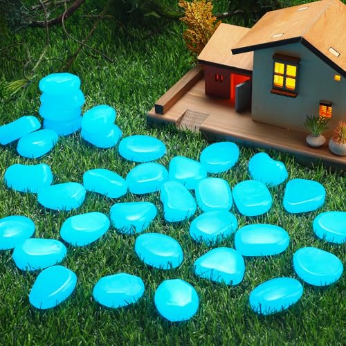 Image of Landical 1.8 Inch 100 Pcs Large Glow in The Dark Rocks Garden Stones Night Guide Pebbles Outdoor Fish Tank Rocks Aquarium Gravel Luminous Stones for Walkway Yard Succulent Plant Decor (Light Blue)