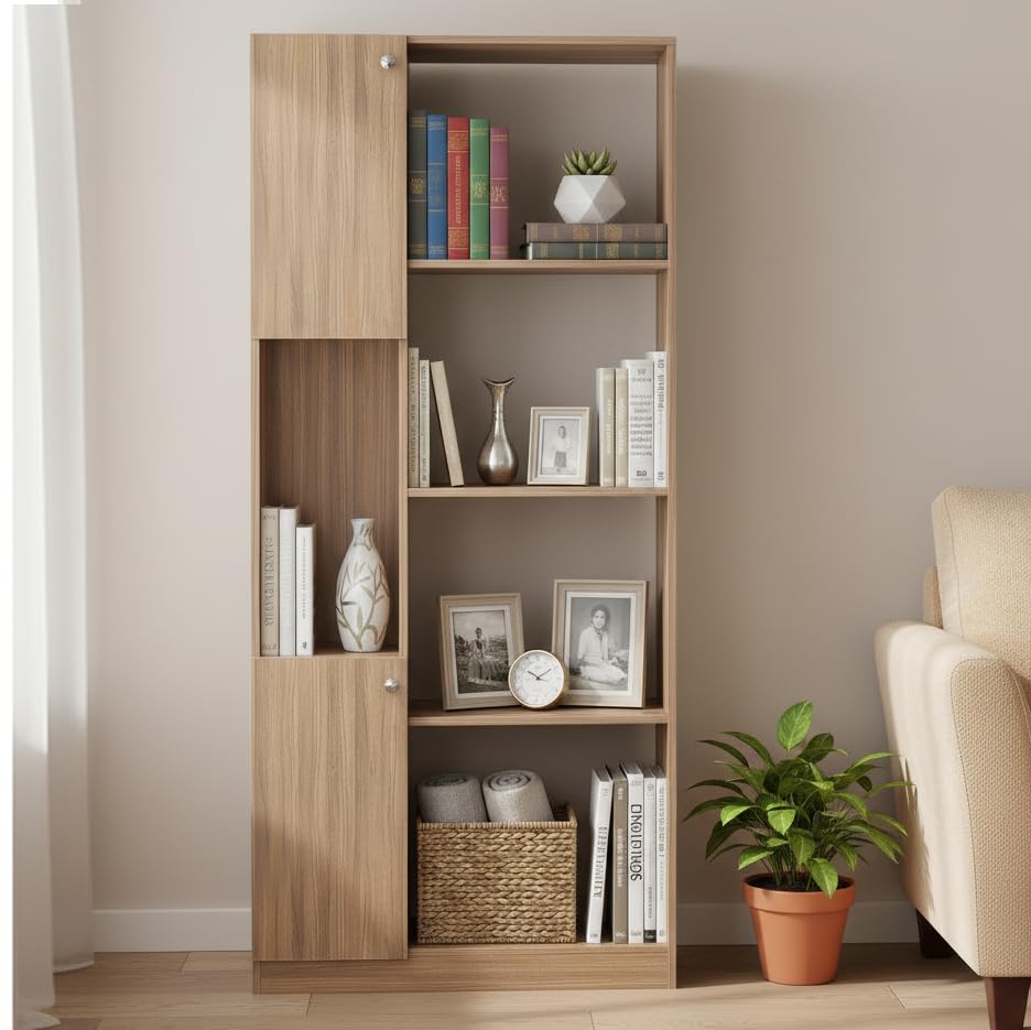 Image of FURNEASER Bookaura Wooden Bookshelf with Doors, Multipurpose Bookcase Storage Organizer for Living Room Modern Wooden Book Shelf Cabinet, Display Rack for Books & Decor (Exotic Teak)