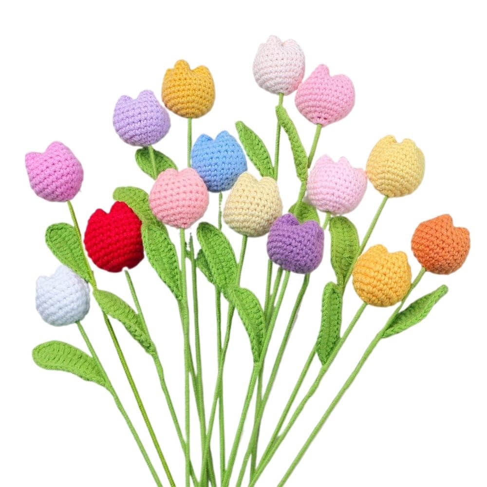 MAIKAILE Handmade Crochet Tulip Flowers Knitted Floral Stem