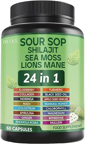 Cápsulas de graviola de guanábana 24 en 1 con musgo marino, shilajit, melena de león, suplemento natural para apoyo inmunológico, energía, salud