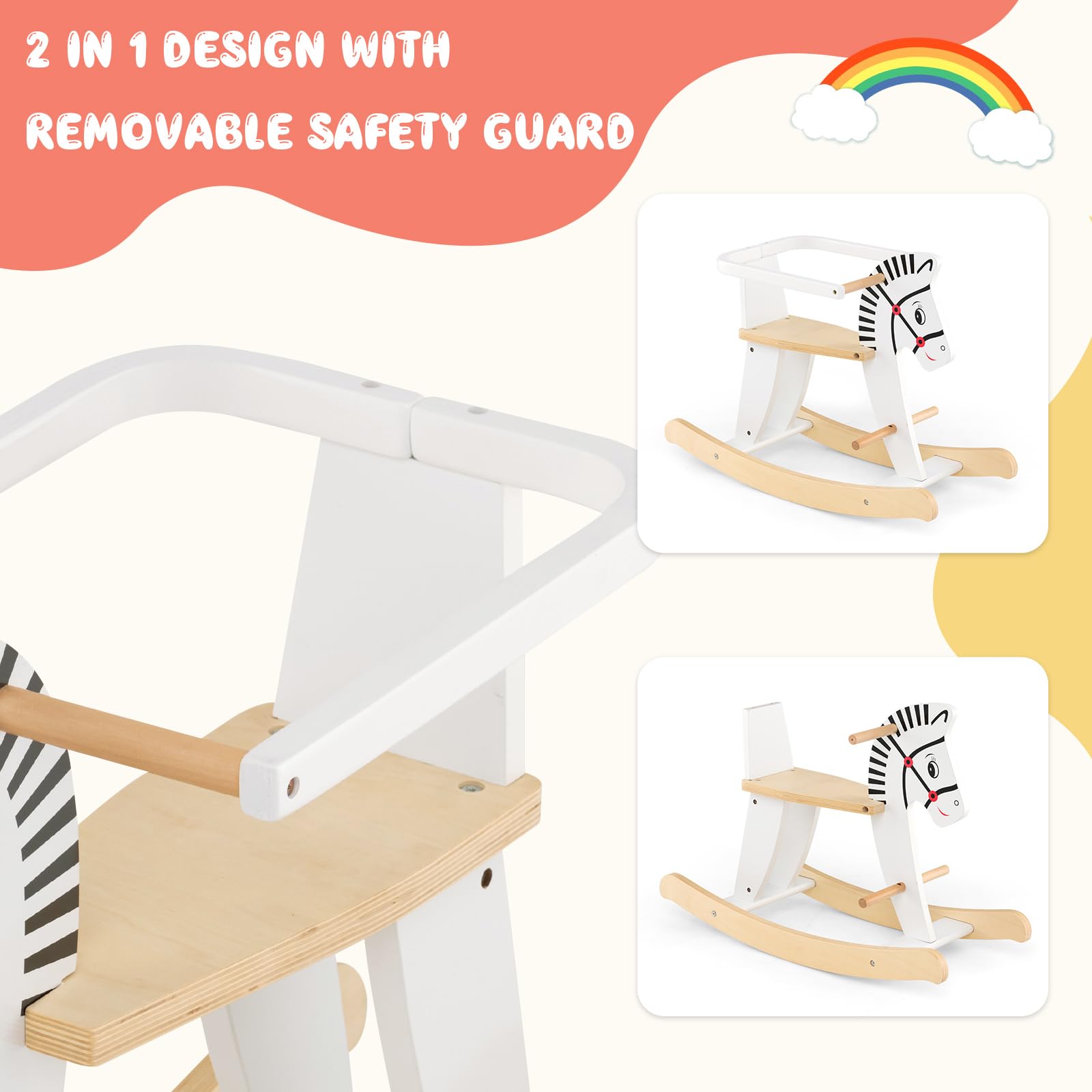 DREAMADE Schaukelpferd, Schaukeltier Holz, Schaukelstuhl mitwachsend mit abnehmbarem Schutzring und Fußstütze, Baby Schaukelpferd für Babys und Kleinkinder