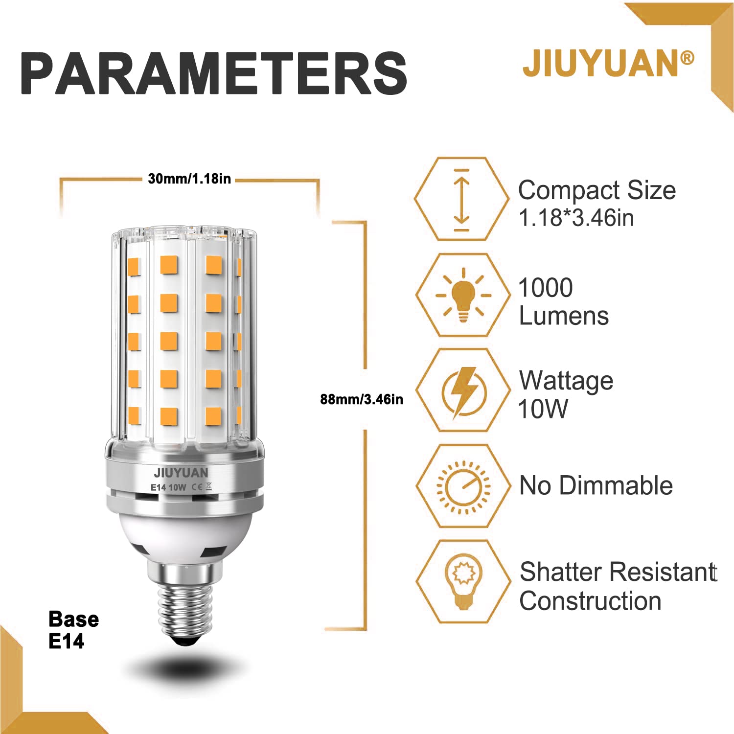 JIUYUAN Lampadine a LED E14 10W 80W Lampadine a Incandescenza Equivalenti Bianco Caldo 3000K 1000Lm E14 Lampadina LED di mais 5 Pezzi