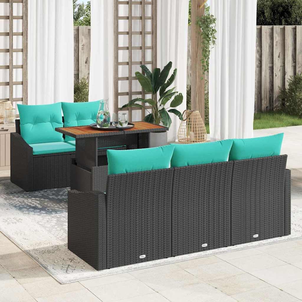 Juego de sofás de jardín de 6 piezas con 5 asientos, color negro y turquesa, modular, resistente a la intemperie, resistente a los rayos UV, para terraza, balcón, jardín y exterior