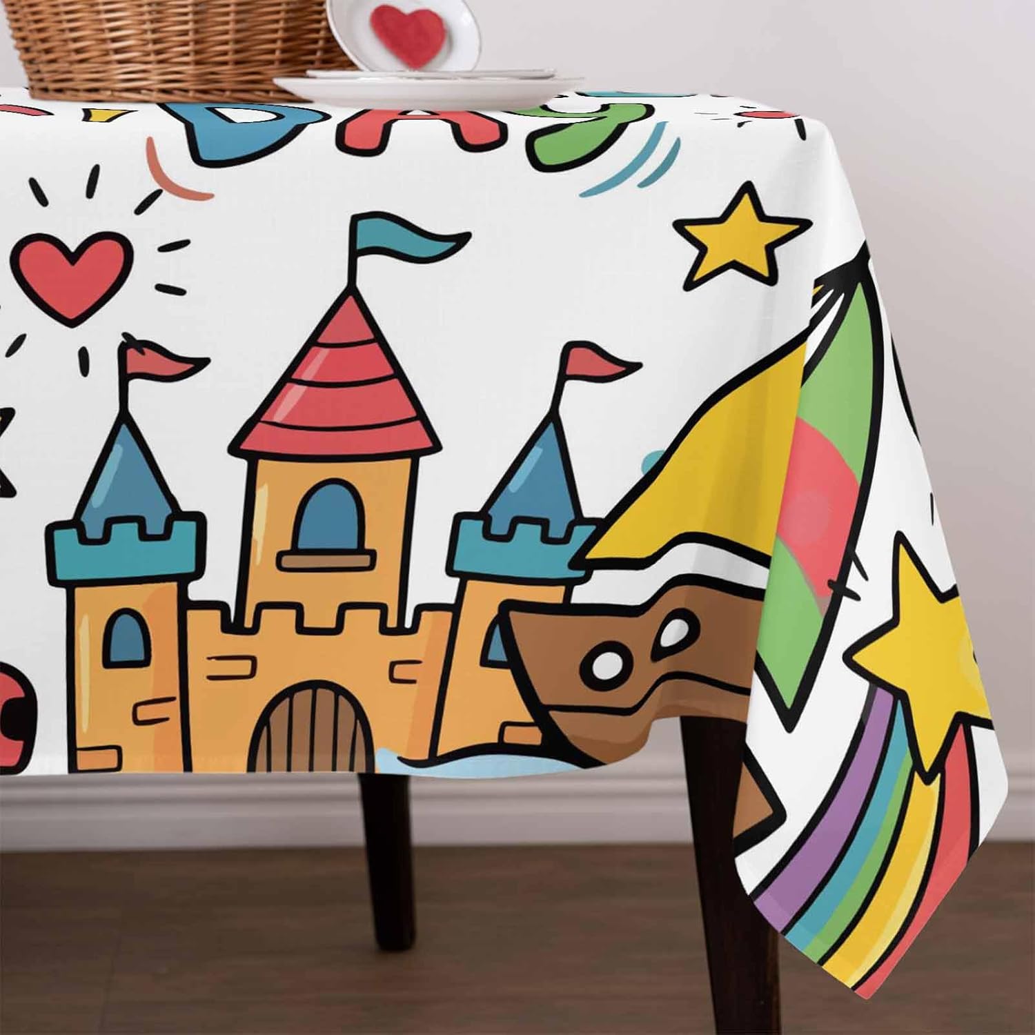 Happy Children's Day Waterproof Table Cloth Cartoon Sun Castle Boat Truck Leather Ball Waterproof & Wrinkle Table Cover, Washable Polyester Soft Fabric Table Cloth for Outdoor Indoor Parties
