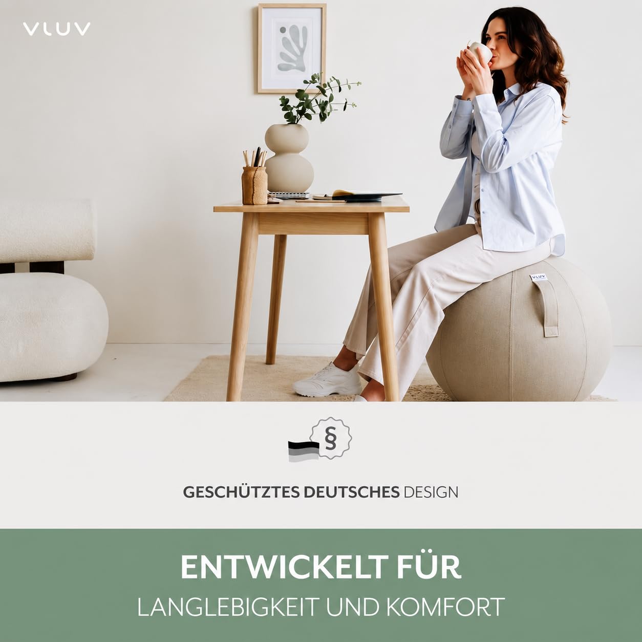 VLUV® BOL LEIV Sitzball Büro ergonomisch - Gymnastikball mit Stoffbezug & Wegrollschutz - Bürostuhl Alternative für Home Office, Rücken Training & Schwangerschaft