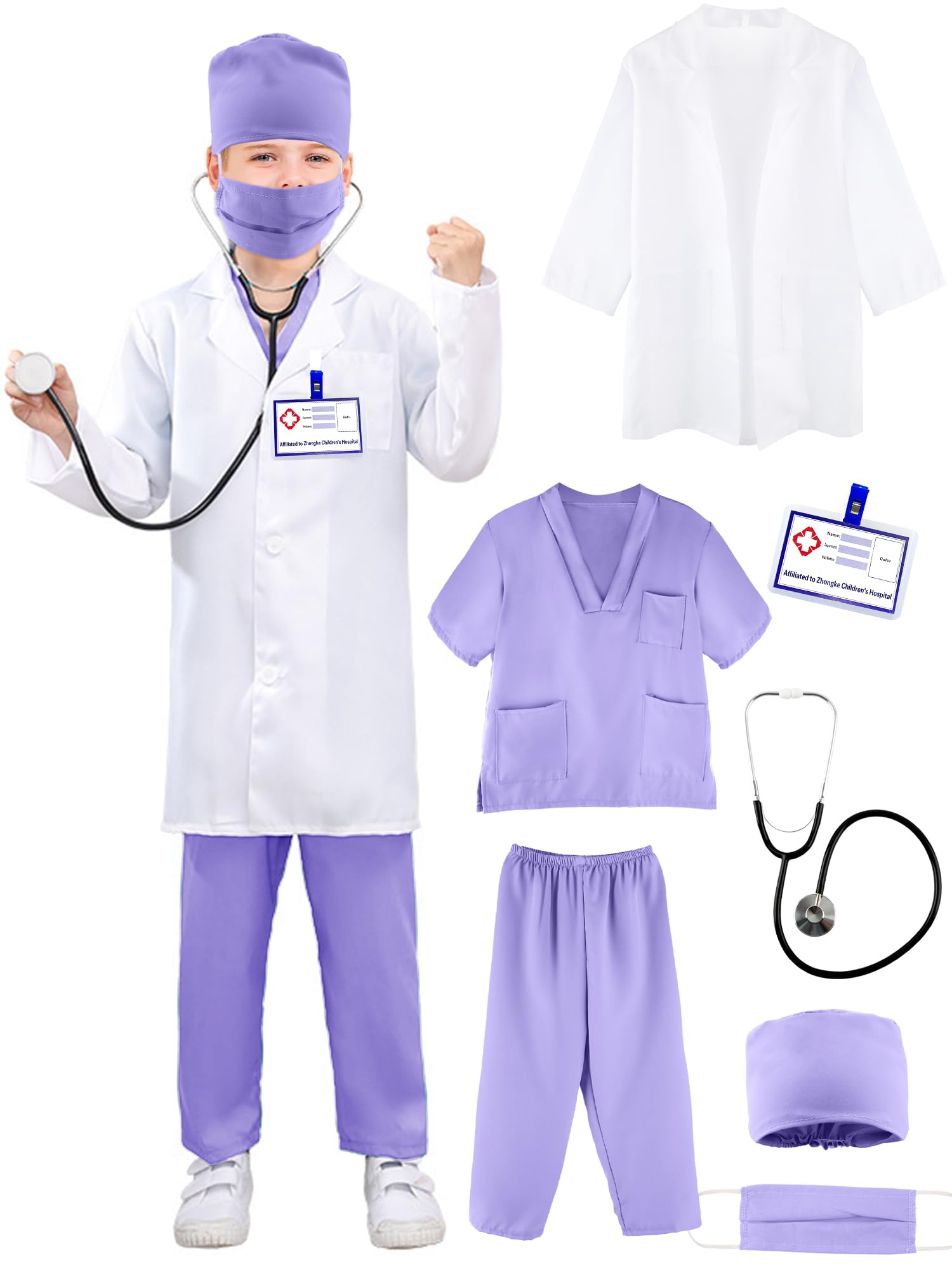 Puteraya Kids Doctor Costume Set Surgical Doctor Suit Kit Scientist Uniform with Stethoscope Toys for Boys Girls Dress Up Halloween Cosplay (Doctor Costume Set 5