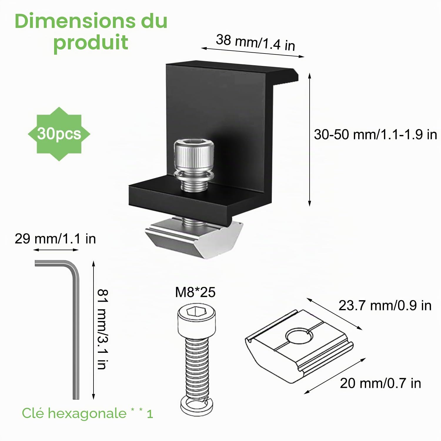 20 Pièces Supports de Panneau Solaire, 30 mm Fixation Panneau Solaire, Kit Panneau Solaire, pour Rail de Montage Photovoltaïque, avec Clé Hexagonale, pour Toiture, Mural