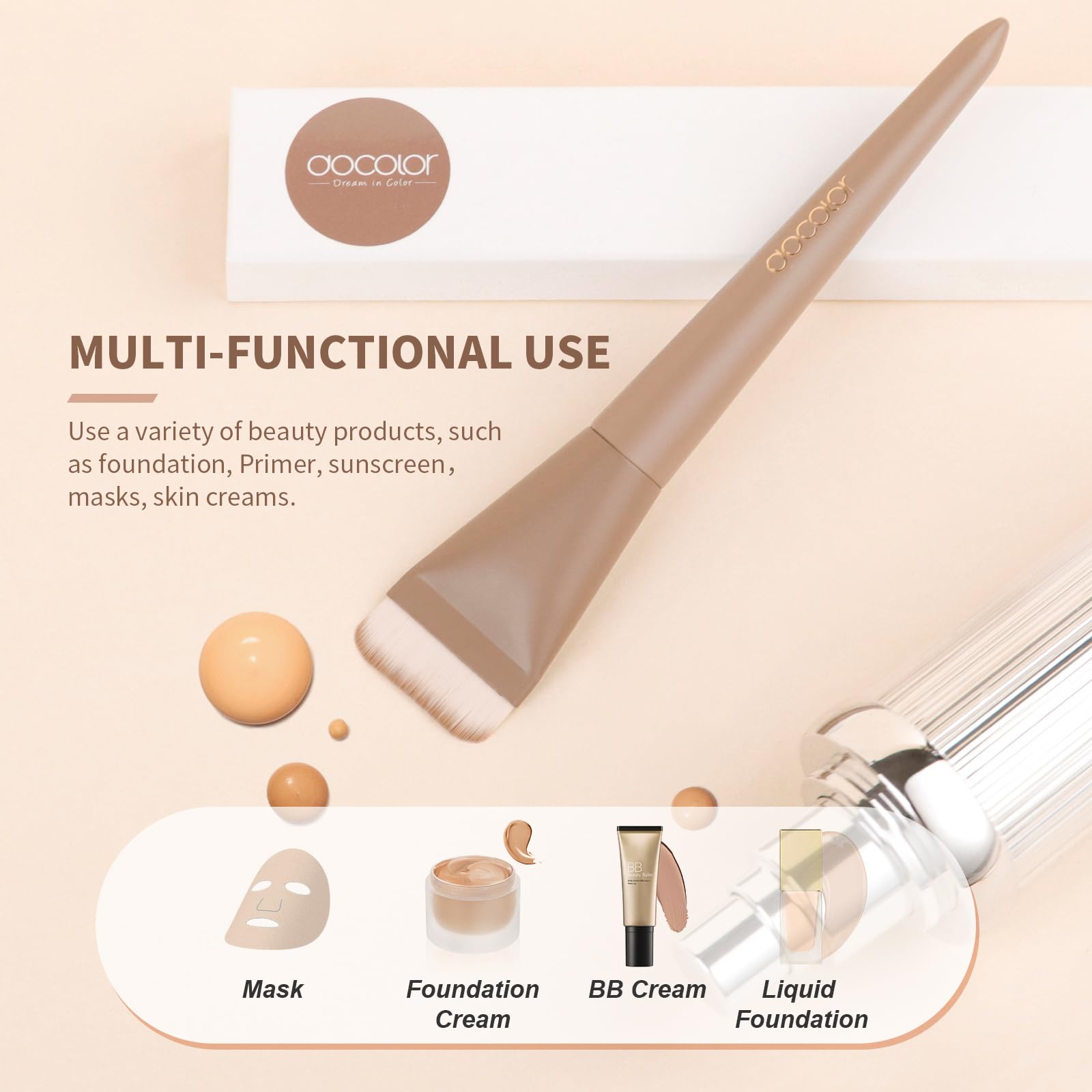Docolor Brocha Plana para Maquillaje Líquido, Brocha Ultrafina Facial Profesional Premium para Base Líquida y Cremas, Herramienta de Korean Maquillaje Facial Delgada con Diseño Plano, Color Caqui