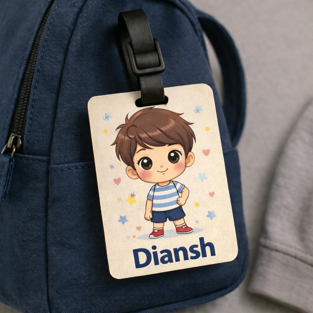 Akaar Decor's Personalized Kids' School Bag Tag with Name | Cute Animal, Princess, Space, Superhero Themes | Acrylic Name Tag for School Bags, Travel, Birthday Return Gifts (Chibi Boy)-image-7