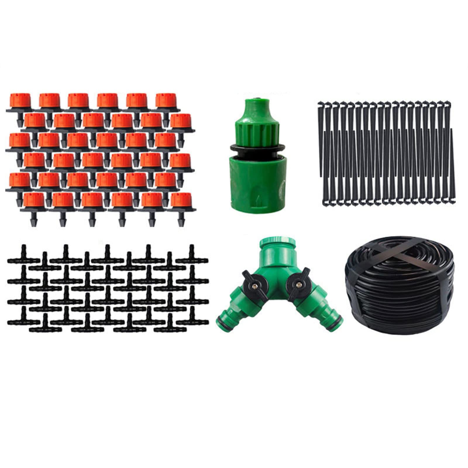 Kit di irrigazione a goccia, Kit di irrigazione micro a goccia Tubo vuoto da 1/4 pollici Gocciolatore Multi dimensioni Irrigazione automatica del patio(30m+36 heads)