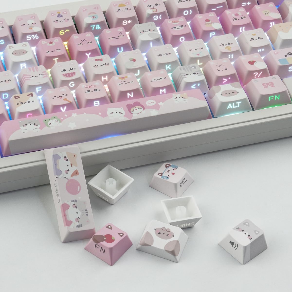 PBT Keycaps - Side Printed Keycap Set,136 Keys Shine Through Meow Meow Squad Custom Cat Keycaps, Cherry Profile Keyboard Keycaps for Cherry MX Switches Mechanical Keyboards