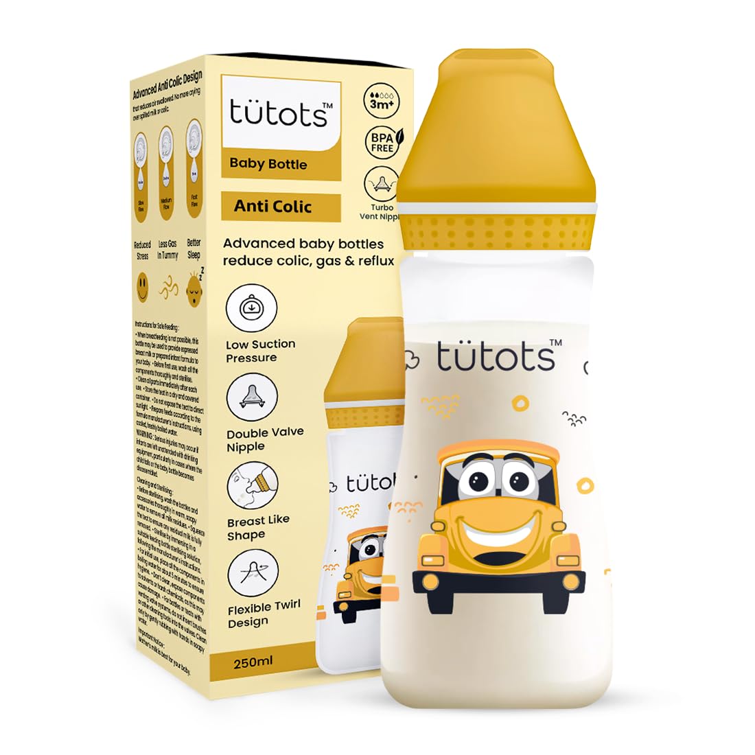 Baby Feeding Bottle | AntiColic Feeding | BPA Free | Baby Feeding Bottle with Turbo Vent Nipple – 250 ml (Yellow)