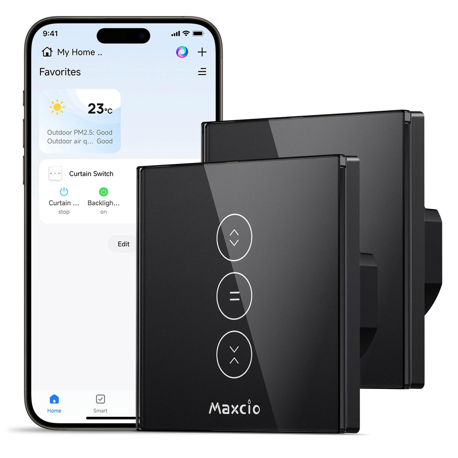 Maxcio WLAN Touch Rolladenschalter für Smart Home mit Sprachsteuerung | Kompatibel mit Alexa/Siri, App-Timer für Markise & Jalousie, Schwarz 2 Packs, 86x86x34mm, Feuerfest ABS 220V, Nullleiter