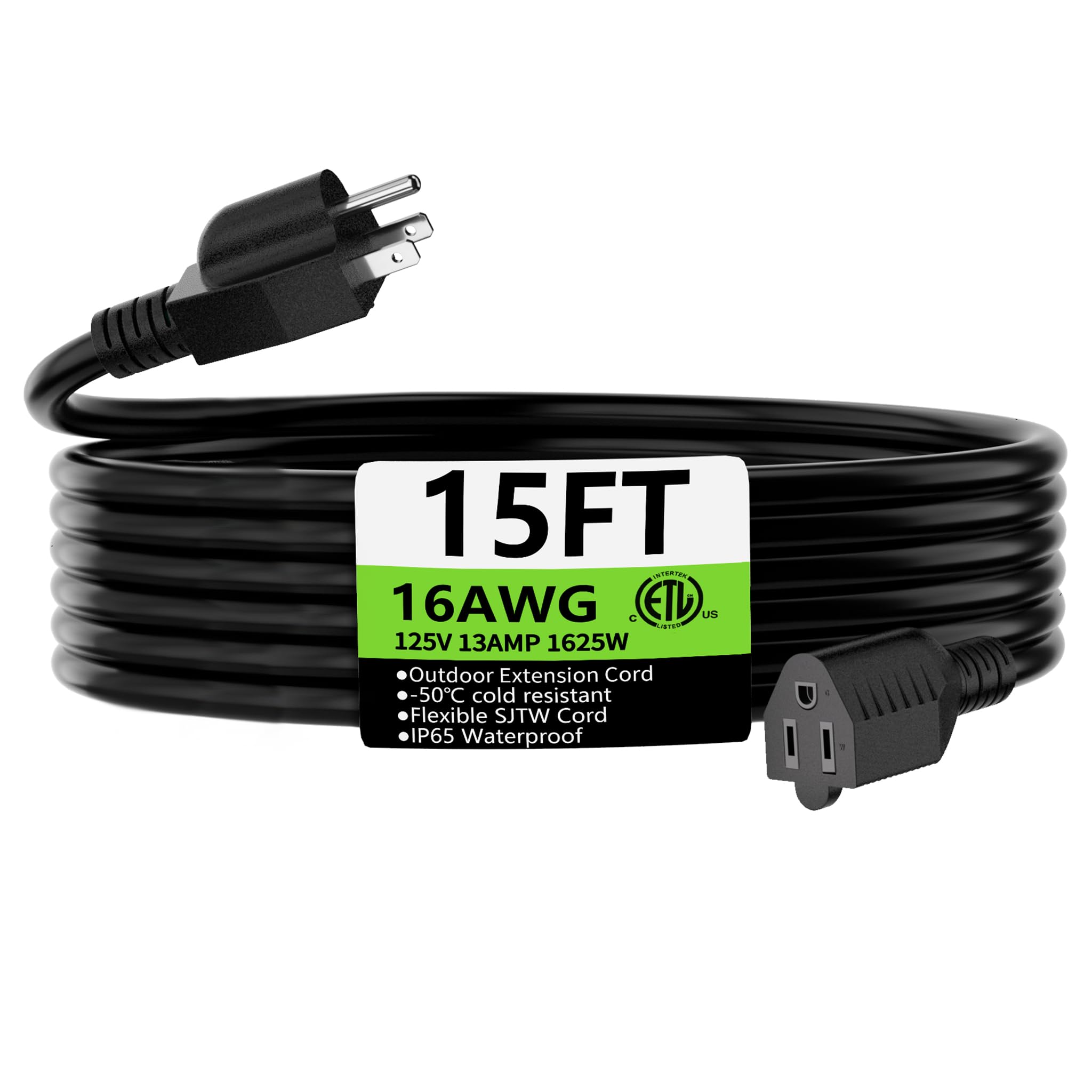 HUANCHAIN Black Extension Cord 15 FT, 16 Gauge, Outdoor Electric Cable