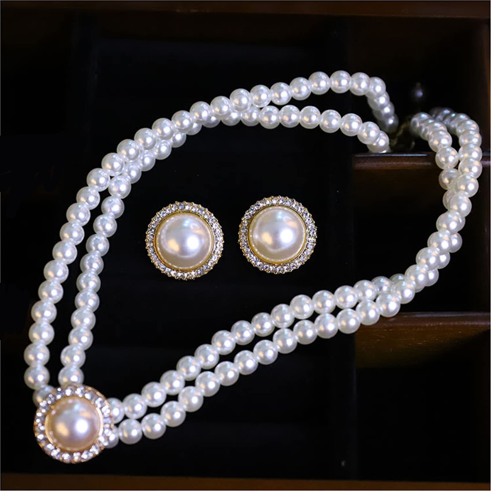 Wedding Suite Collar De Cuentas Choker, 2 Filas Choker Imitación Collar De Perlas, Rodio Chapado Elegante Encanto, Con 1 Par De Pendientes Perlas, para Fiesta Cumpleaños Aniversario Navidad Valentín