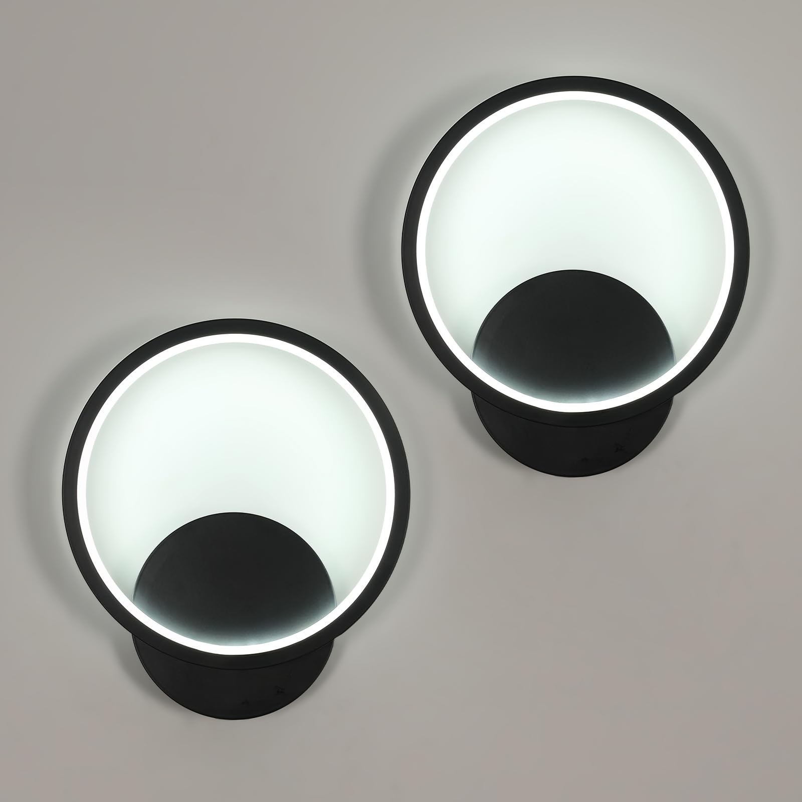 Osairous 2 Pack LED Indoor Wall Lights 12W 1350LM Round Modern Aluminium Wall Lighting for Bedroom, Living Room, Hallway, Staircase, Black, 6500K Light