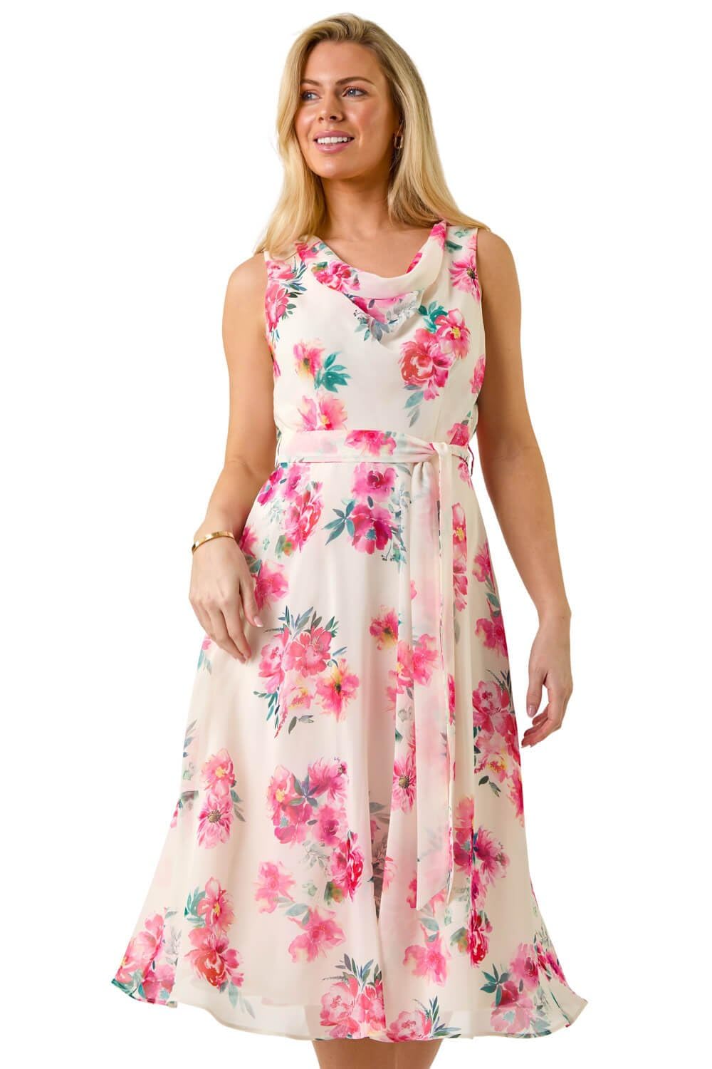 Roman Women's Petite Floral Cowl Neck Midi Dress in Ivory | Size: 14