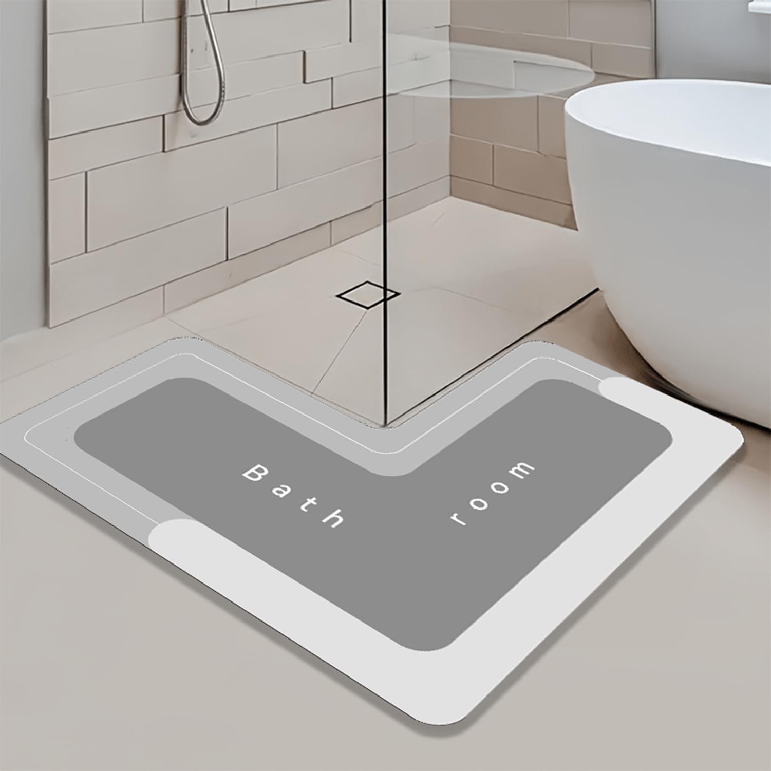L-Shaped Diatomite Bath Mat – Non-Slip Quick Dry Corner Bathroom Mat for Shower, Bath & Toilet, Absorbent Diatomaceous Earth Floor Rug, Grey, 80×80×40cm