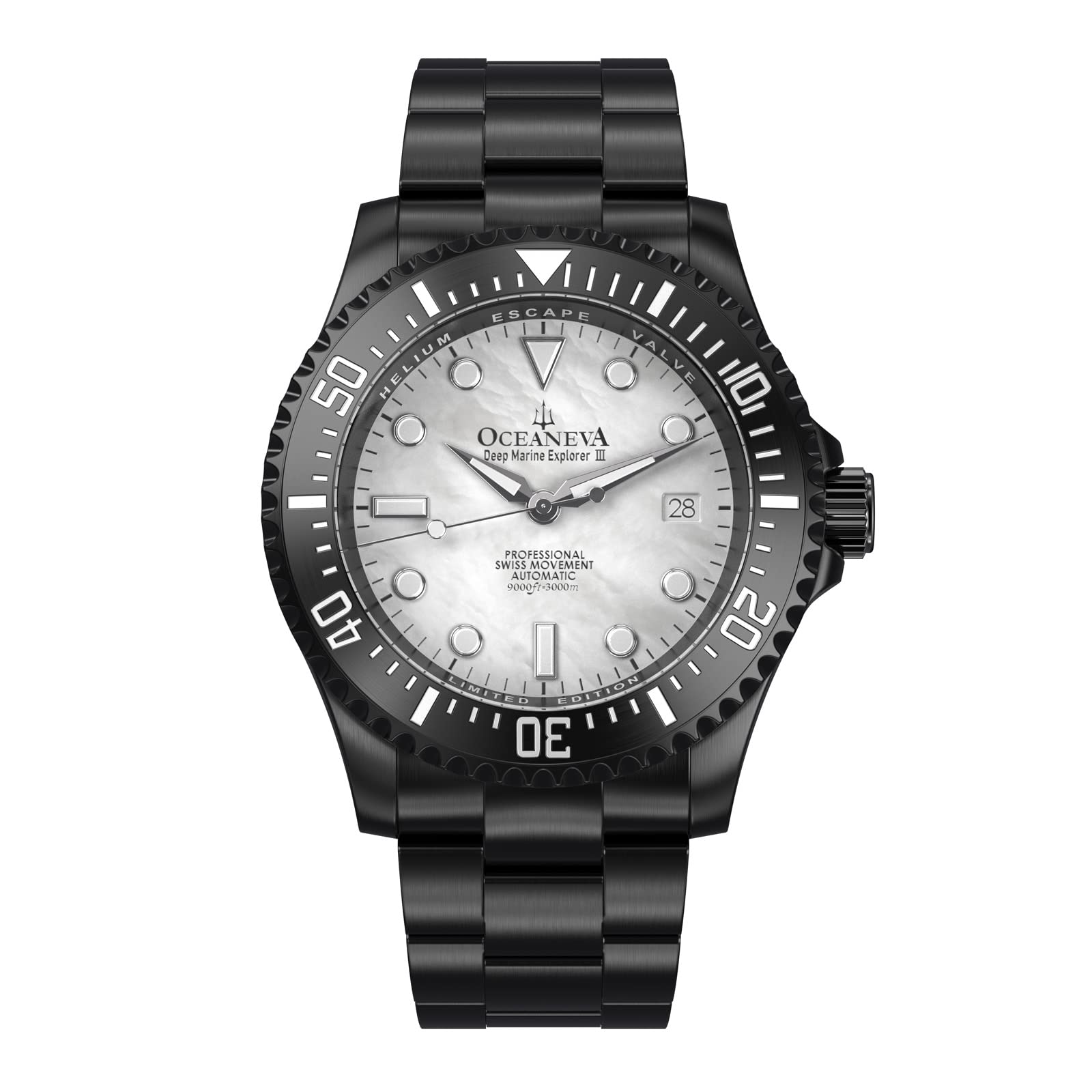 Men's Deep Marine Explorer III 3000M Pro Diver Watch White Mother of Pearl Dial Black IP…