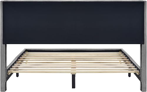 Miniatura 7 de Polibi Cama de plataforma tapizada tamaño Queen con patas de metal y elegante cabecero, marco de cama de madera maciza, no requiere caja de