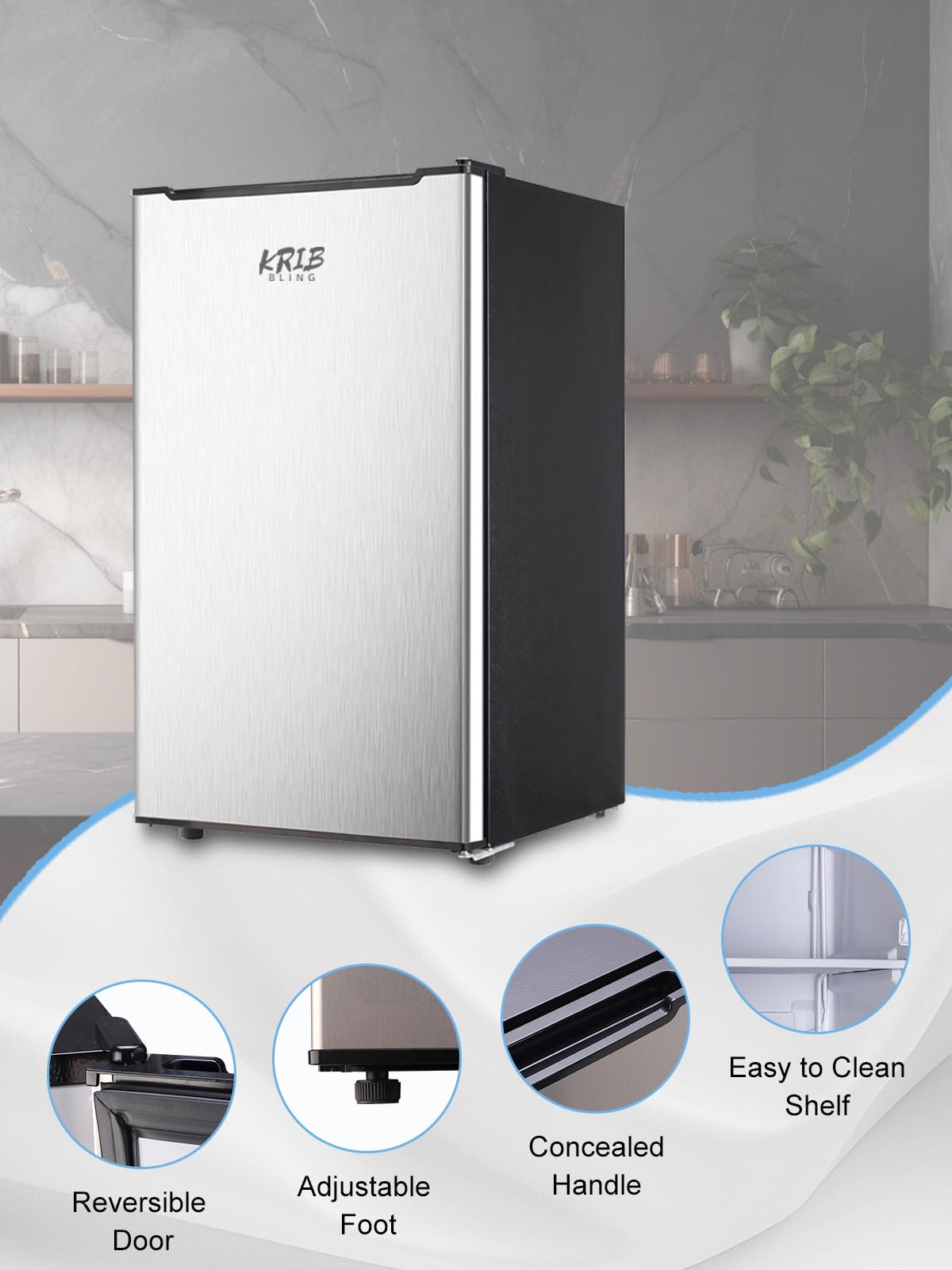 Krib Bling 3.2 Cu.Ft Upright Freezer Compact Mini Freezer With Removable Shelves For Bedroom, Office, Kitchen, Dorm,Silver on Fridge.com - View 2