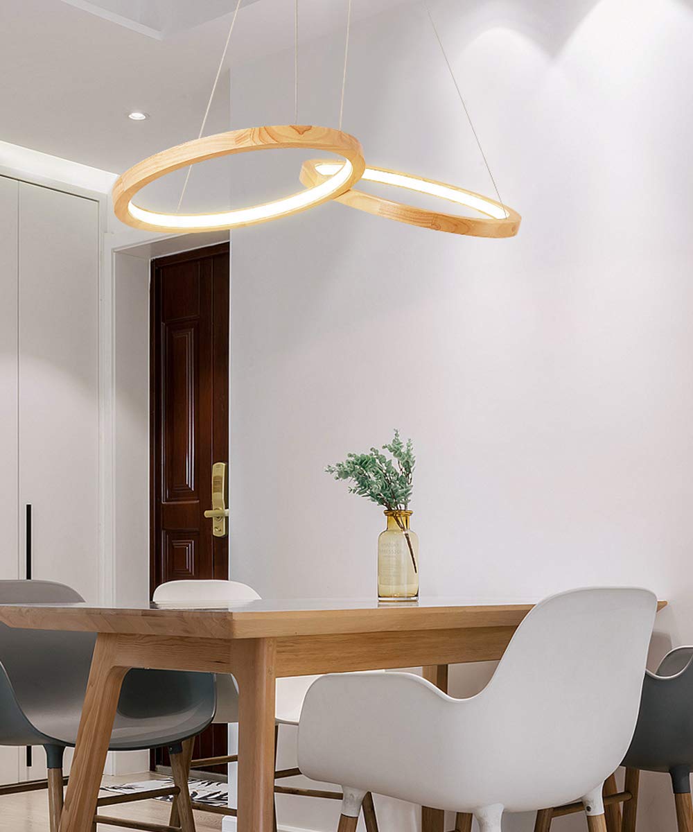 Lampa wisząca LED z podwójnym drewnianym pierścieniem, ściemniana drewniana lampa, regulowany żyrandol, do stołu jadalnego, biura, gabinetu, restauracji, nowoczesnej lampy wiszącej