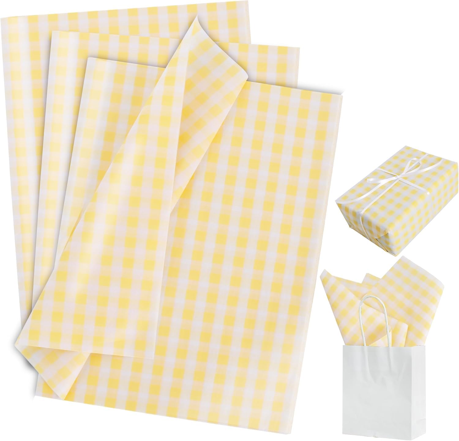 RIBBOOO 14 x 20 Inch 50 Sheets Yellow & White Gingham Tissue Paper Plaid Checkered Gift Wrapping Paper for Birthday,Wedding,Thanksgiving, Graduation,Christmas Party Craft Decoration