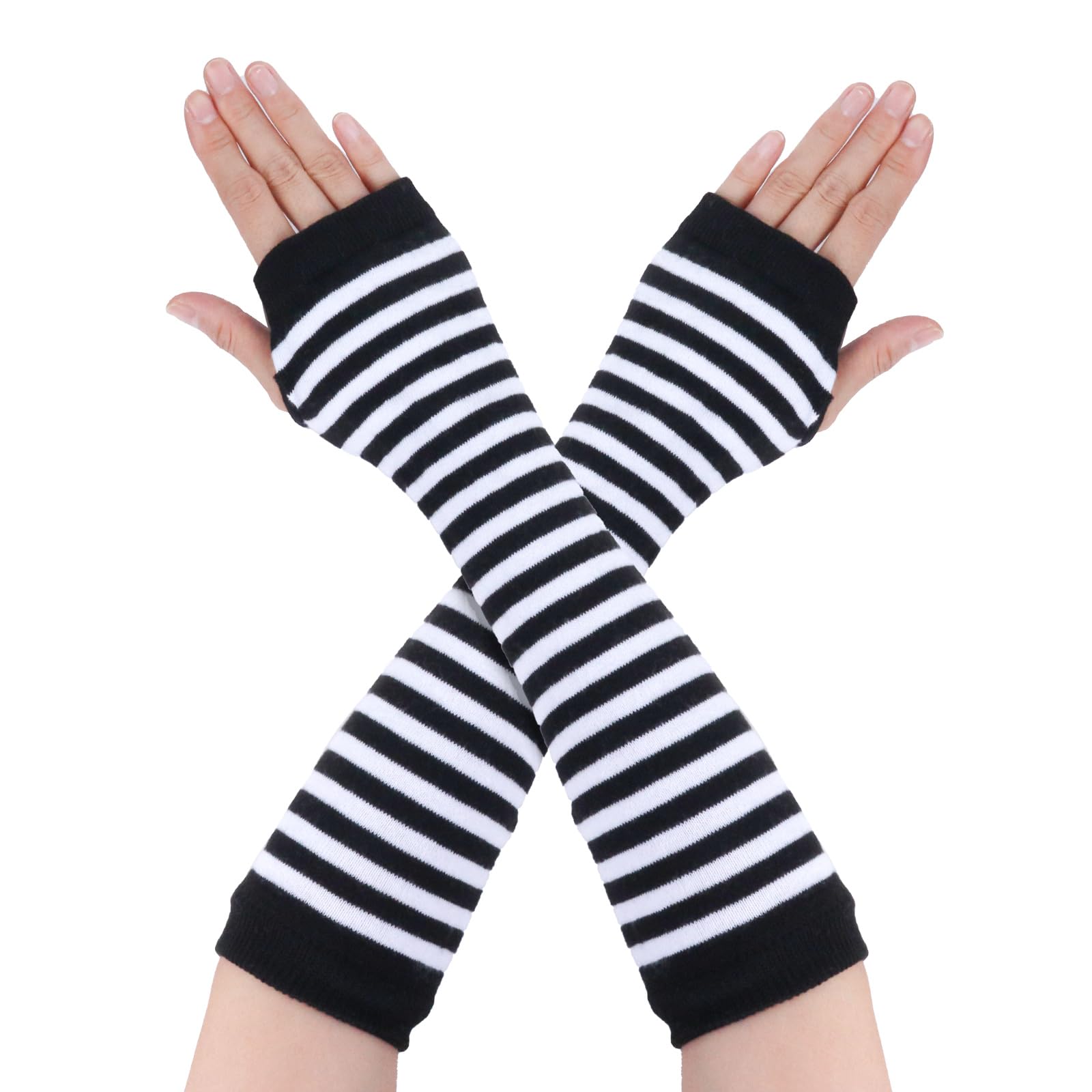 Goth Arm Warmers Emo Punk Fingerless Gloves Y2K Kawaii Arm Sleeves Halloween Costume Femboy Long Stripe Gloves Black-White