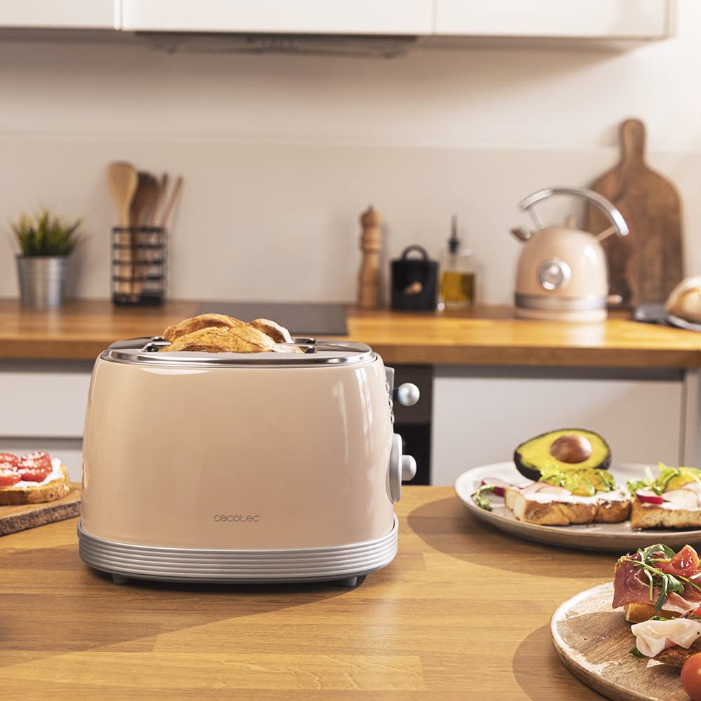 Cecotec Toast & Taste 800 Vintage Light Beige. 850 W, double fente courte extra large de 3,8 cm, 2 toasts, finitions en acier inoxydable, style vintage, 3 fonctions, beige