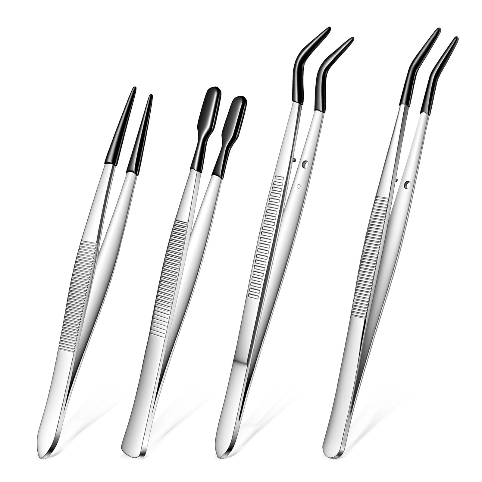 4 PCS Rubber Tipped Tweezers for Crafting, PVC Coated Long Craft Tweezers, Straight Flat Tip Bent Precision Tweezer Set for Crafts, Stamps, Beads, Jewelry, Lab Work