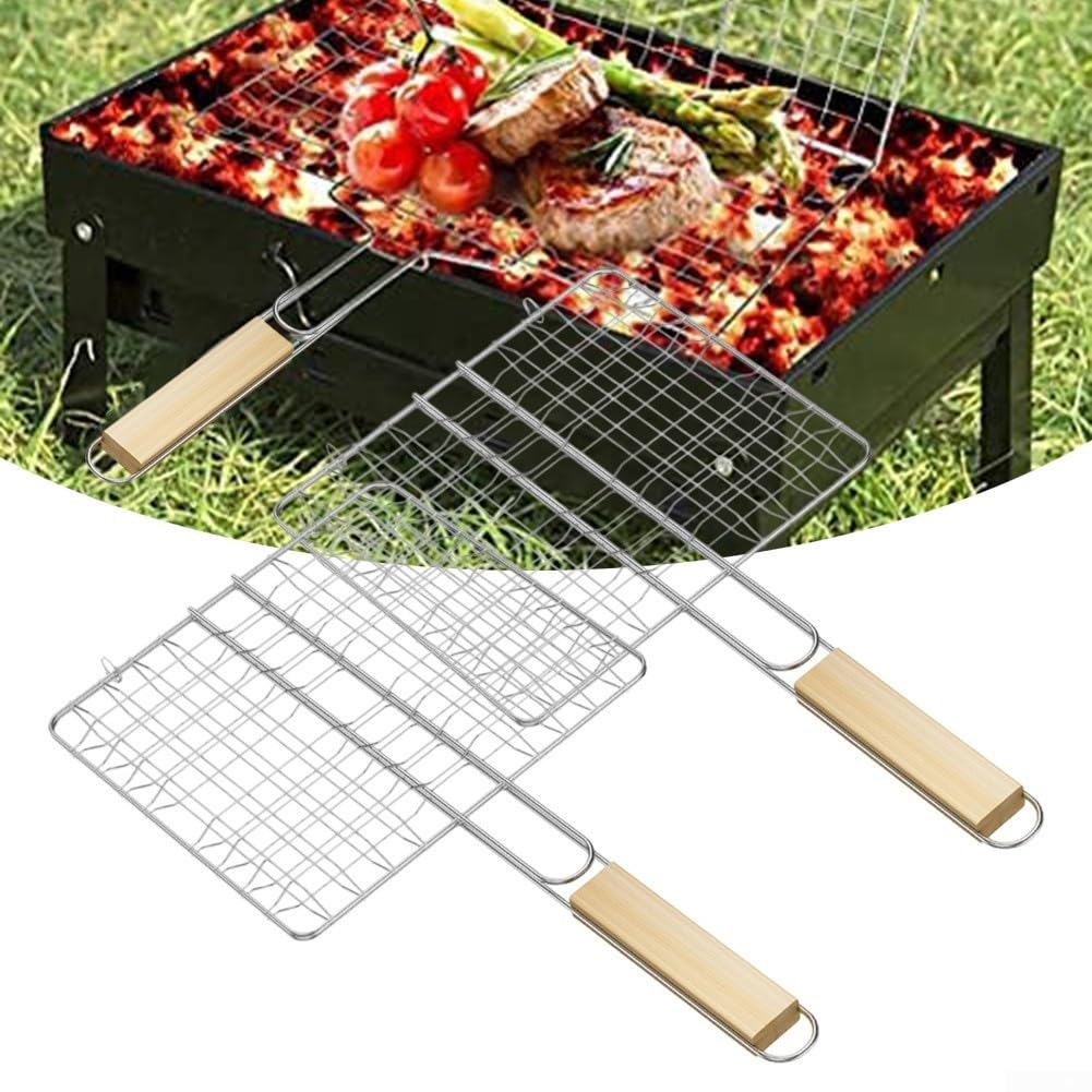 2 Griglie per Barbecue con Manico per Grigliare Pesce e Frutti Di Mare