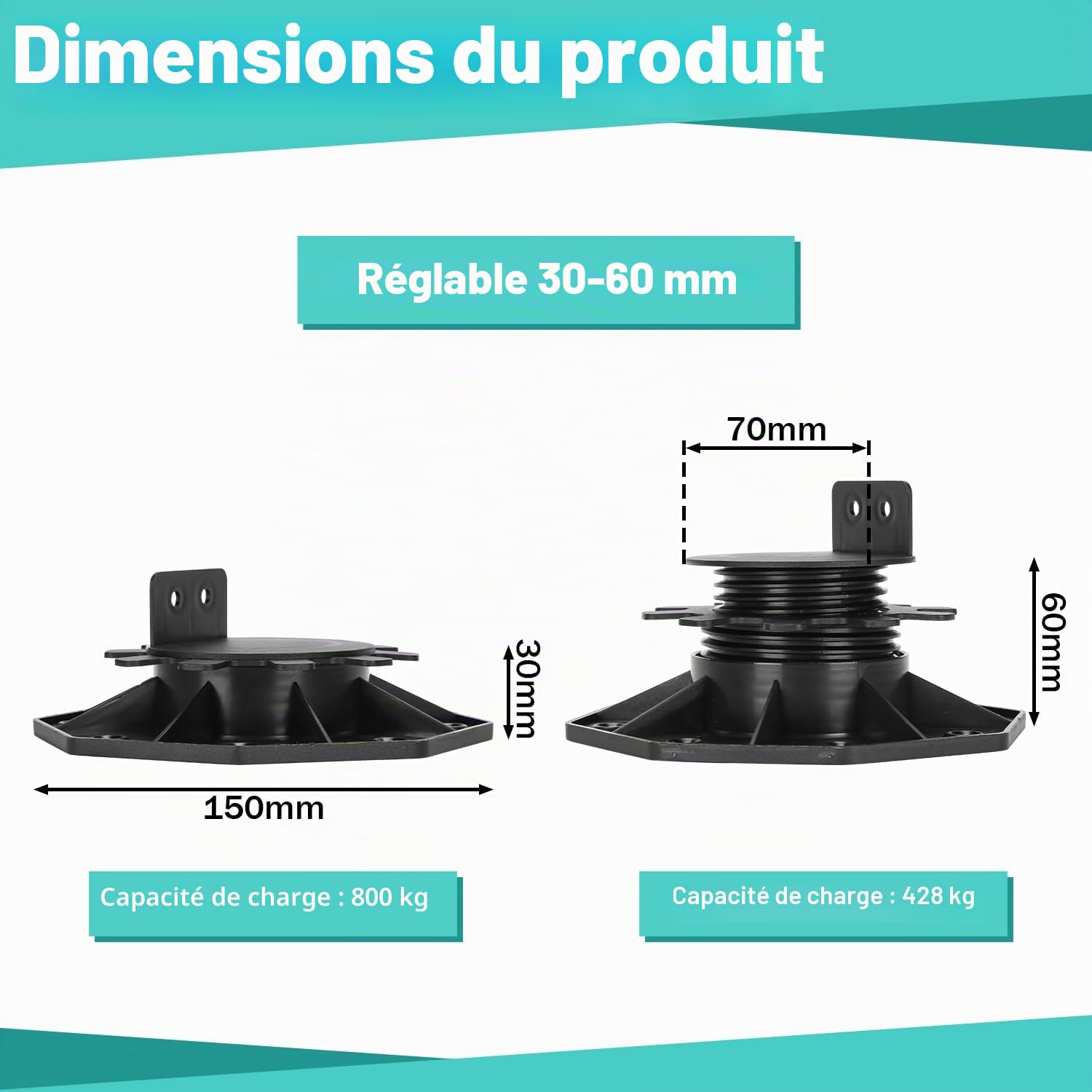 Lot de 100 paliers de sol réglables en hauteur, 30-60 mm - Pieds de terrasse, plots pour dalles de terrasse - Pour sous-structure de terrasse, WPC, pieds réglables