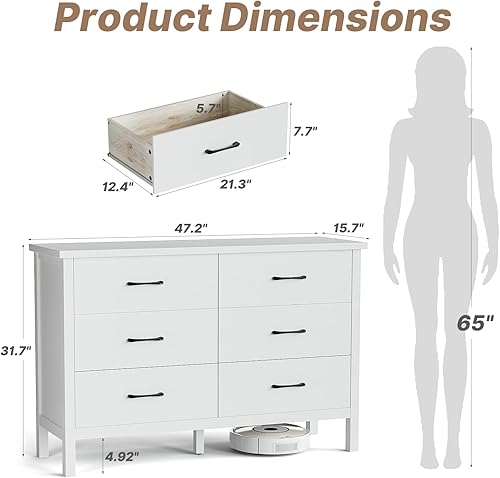 Miniatura 3 de LYNSOM Cómoda blanca para dormitorio, cómoda de 6 cajones con asas de metal, cómoda de madera moderna para sala de estar, entrada y pasillo