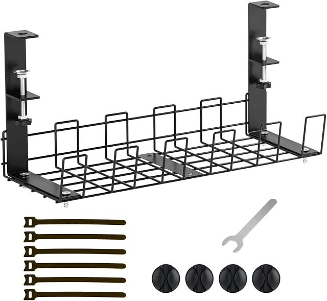 Under Desk Cable Management Tray No Drill ATHRZ Cable Racks Under Desk Cable Organizer for Wire Management, Sturdy Metal Cable Tray Basket for Office and Home Standing Desk(Black)