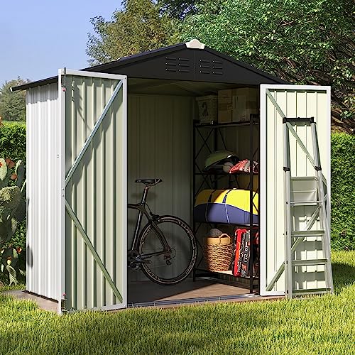 Image of Patiowell 6x4 FT Outdoor Storage Shed, Garden Tool Storage Shed with Sloping Roof and Double Lockable Door, Outdoor Shed for Garden Backyard Patio Lawn,White