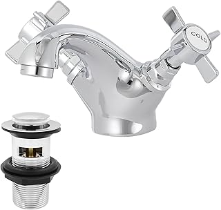 Victorian Bathroom Sink Tap for Basin with Pop Up Sink Plug Dual Cross Lever Chrome Brass Swan Neck Bathroom Tap Mixer Traditional Basin Mixer Tap 044CR