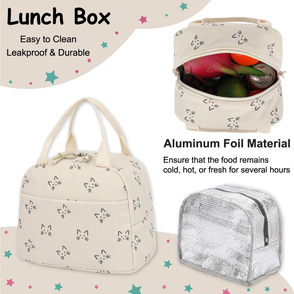 3-teiliges Schulrucksack-Set aus Cord für Mädchen und Jungen, Kinder-Büchertasche mit Lunchbox und Federmäppchen (Alter 8-18), Cord-Katze, 3-piece set