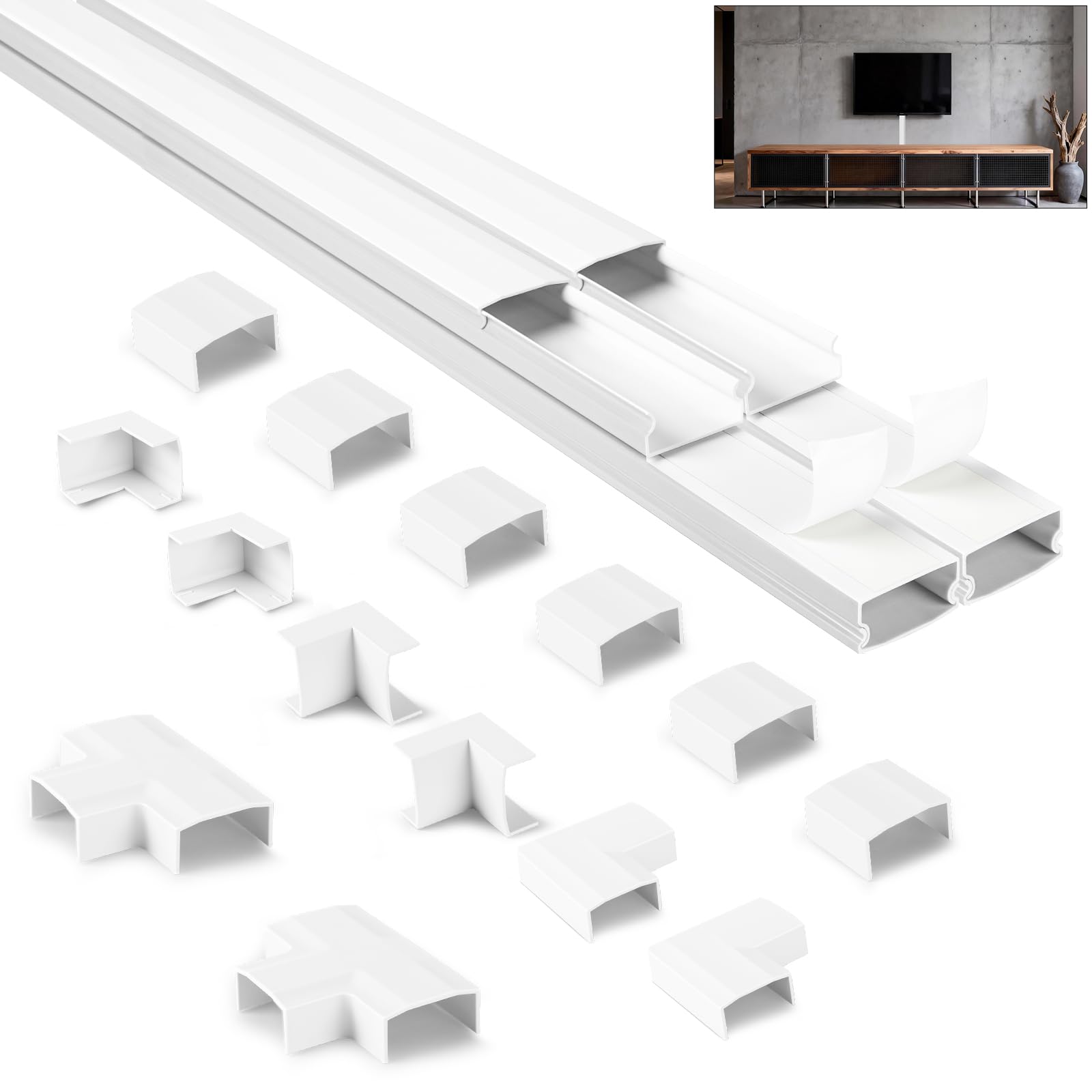 NUTKIT 4m Cable Trunking Kit, White Wire-trunking for Electric-cables, Cable Cover for Cord, Self Adhesive Trunking for TV cables, Cable Tidy Management to Hide Wires On Wall- 4X L1000mm,W25mm H13mm