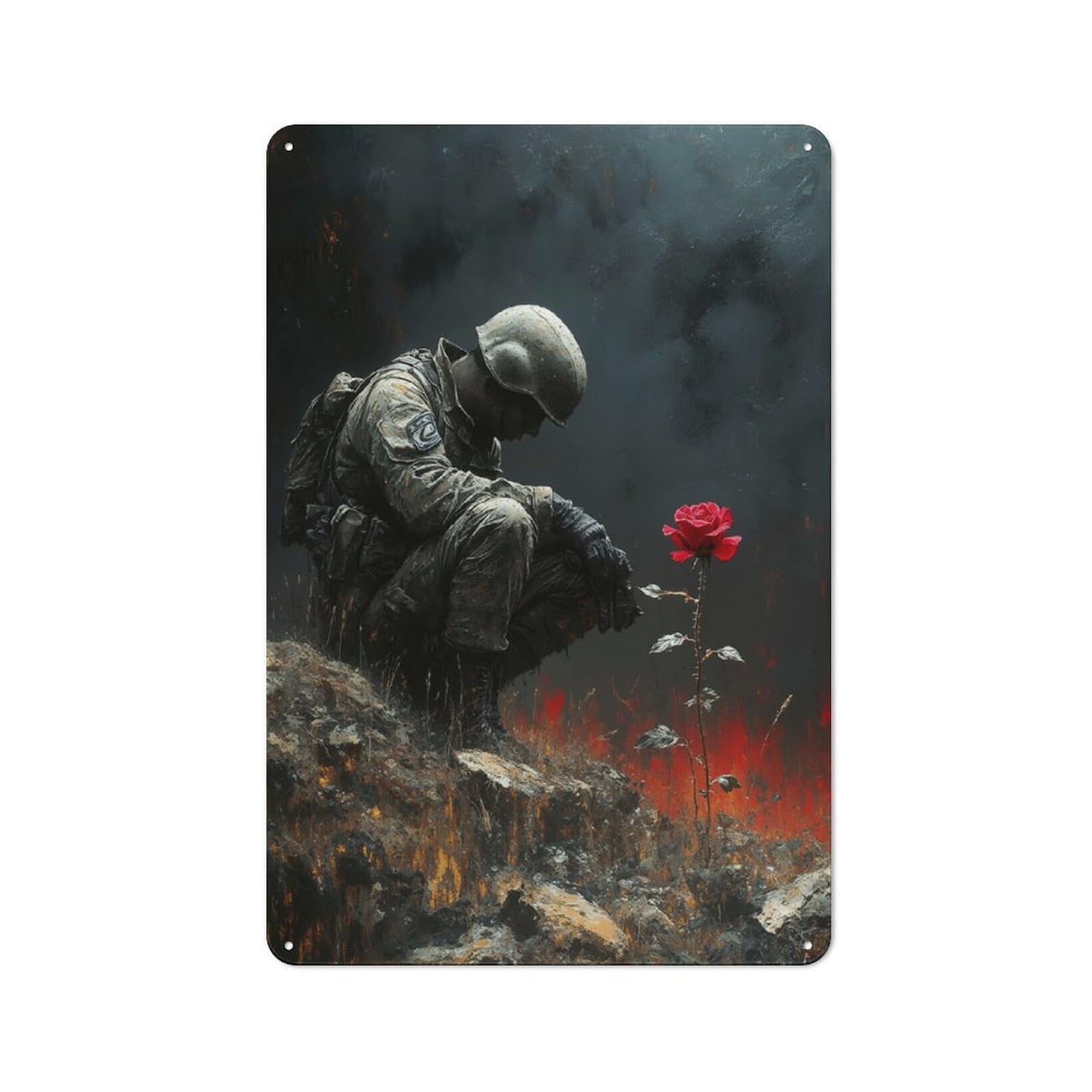 Junmoney Style-17 Soldier And Rose In War Landscape Tin Wall Plaque 30X20cm, Barn Style Rustic Kitchen Decor For Farmhouse Kitchen, Pantry Or Dining Area