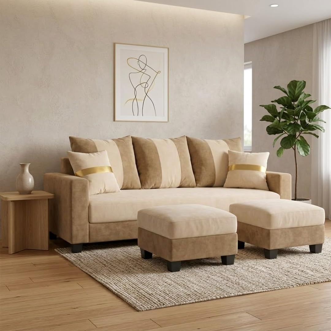 Canyon 3 Seater Velvet Fabric Sofa Set with 2 Ottomans (Cream - Beige) | Soft Touch Upholstery | Plush Cushions | Comfortable Living Room Sofa-image-3
