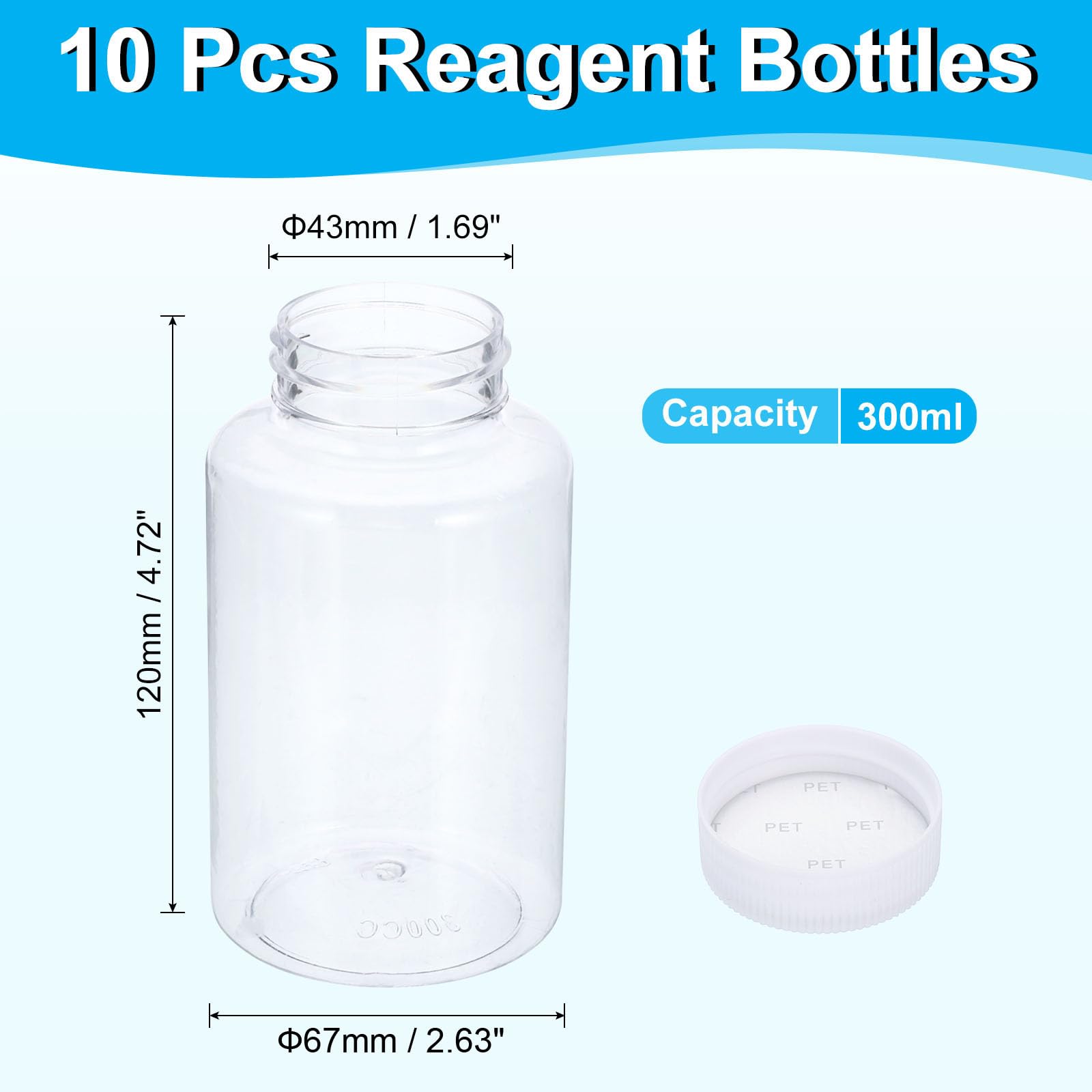 PATIKIL 10pz 300ml Bottiglie per Reagenti, Bottiglie Tonde a Bocca Larga con Tappo Vite per Conservazione Acqua Laboratorio Reagenti Liquidi Campioni Solidi, Trasparenti