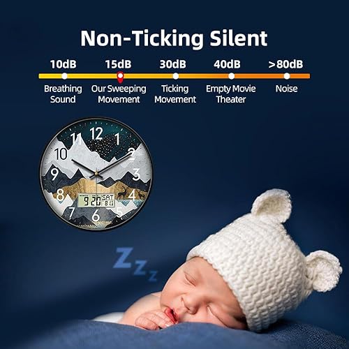Miniatura 7 de Reloj de pared analógico silencioso con fecha y temperatura, reloj de pared digital de 12 pulgadas sin tictac, funciona con pilas, reloj de pared