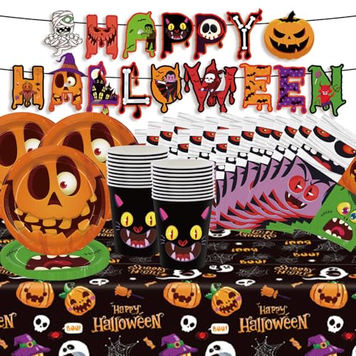 Vajilla de fiesta de Halloween con temática de dibujos animados, para fiestas infantiles, se compone de banderas de tirar, platos de papel, servilletas, tazas y manteles, adecuado para 20 personas